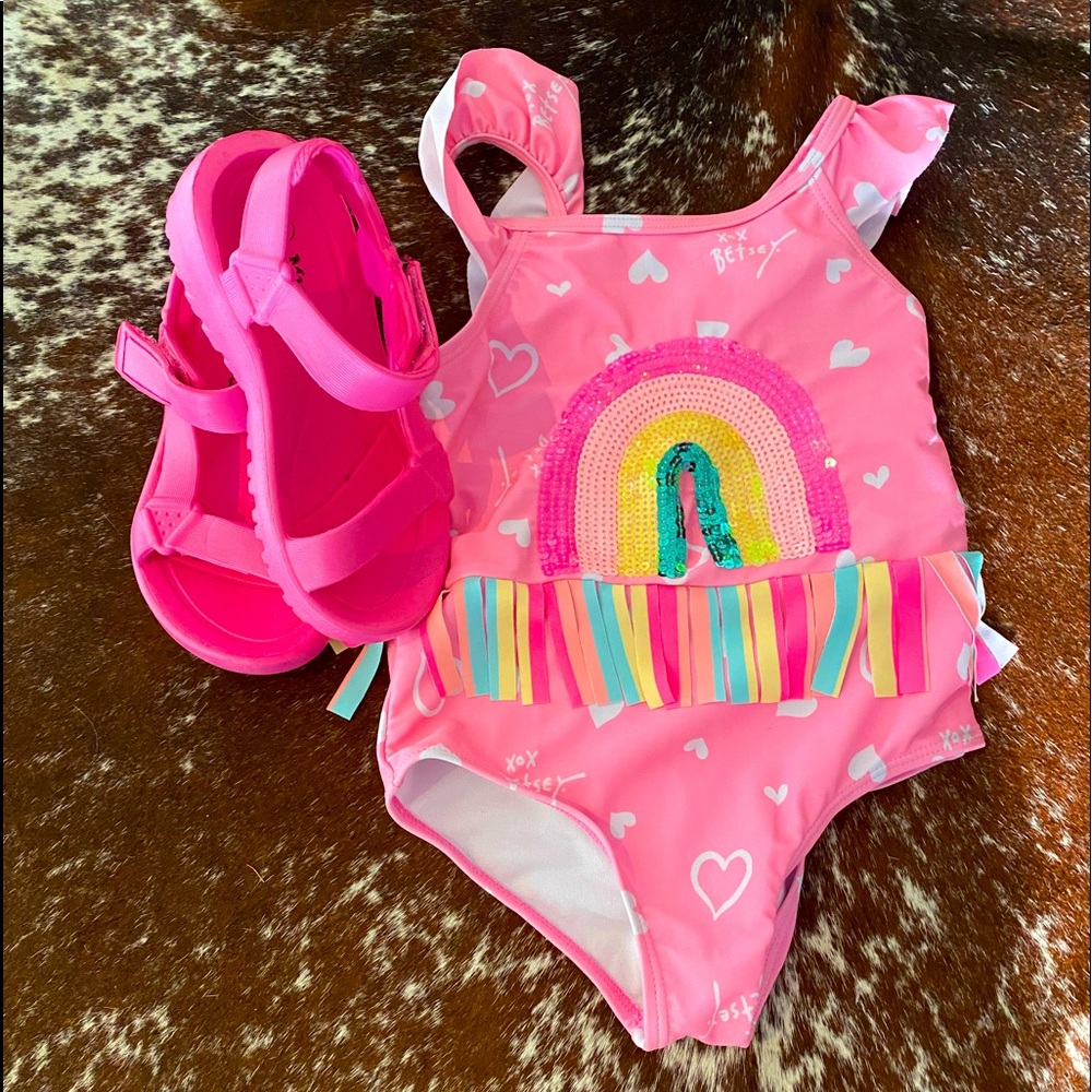 Rainbow Fringe swim suit & sandals bundle pink